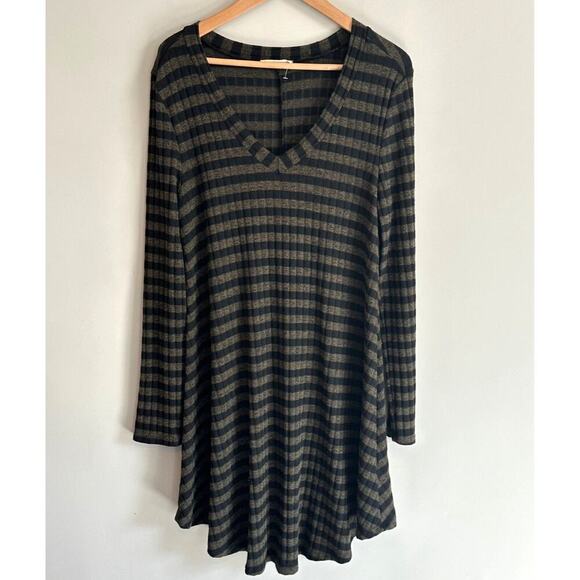 Entro Ribbed Jersey Striped Swing Dress Womens Large Green Black Long Sleeve - Picture 1 of 7